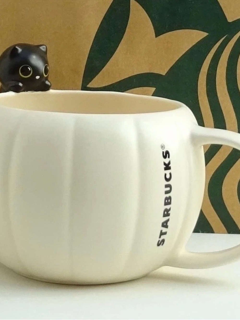 Starbucks Cream Ceramic Cat Accent Mug with Black Cat Figurine